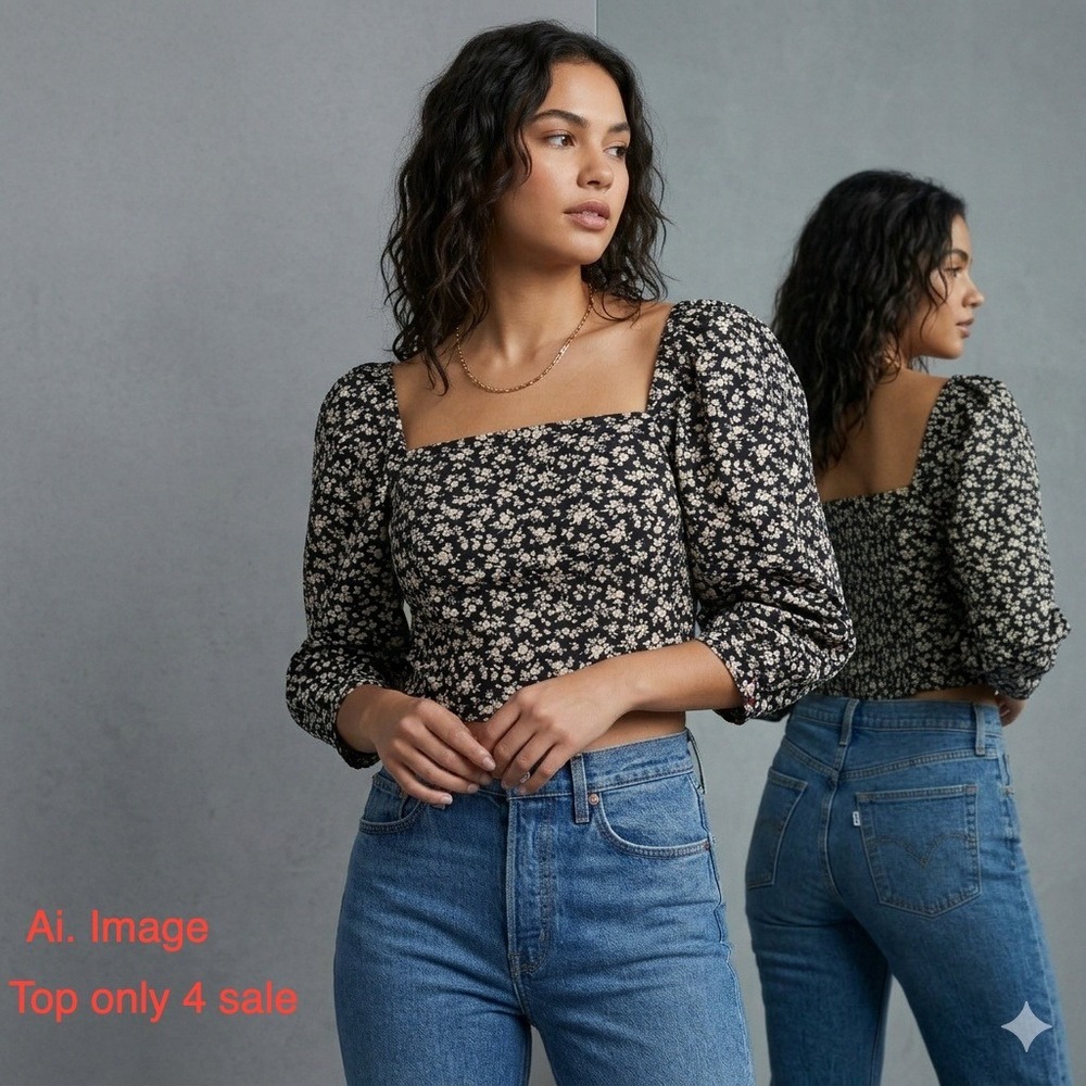 Levis Women XS Floral Puff Sleeve Square Neck Smocked Crop Top Black Coquette